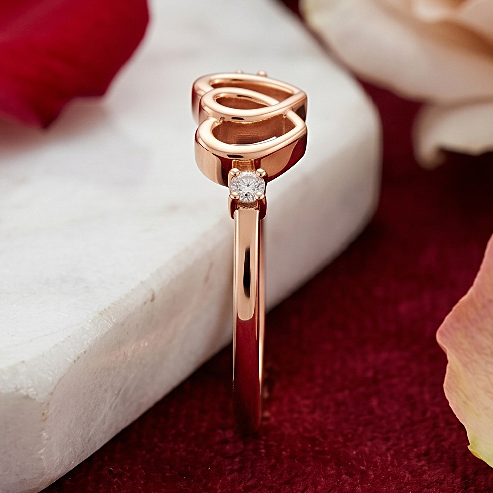 Romantic Double Heart Diamond Ring in 18K Rose Gold | IDT Certified Natural Diam