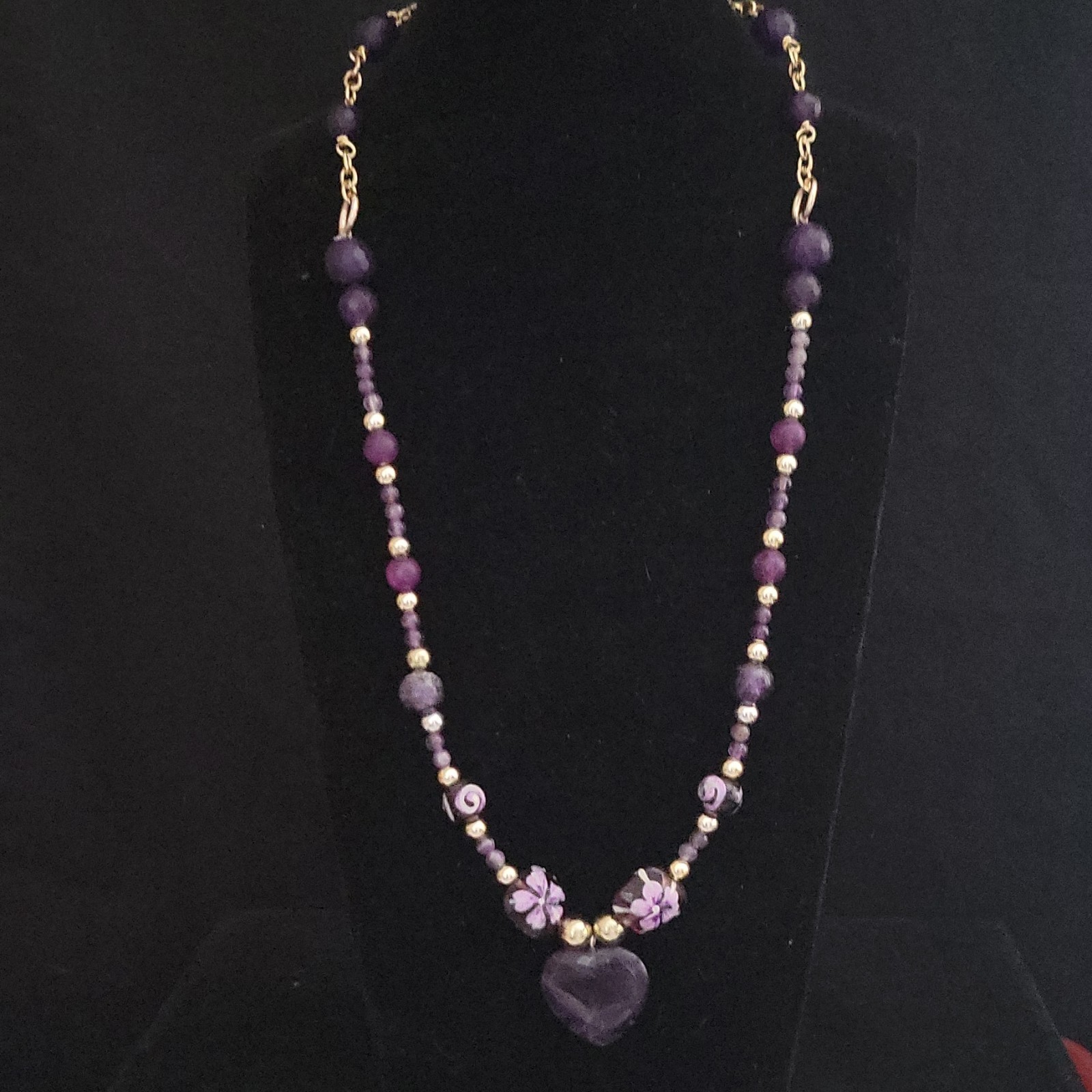 Purple Amethyst Heart Charm Pendant Beaded Necklace Adjustable Lobster Clasp