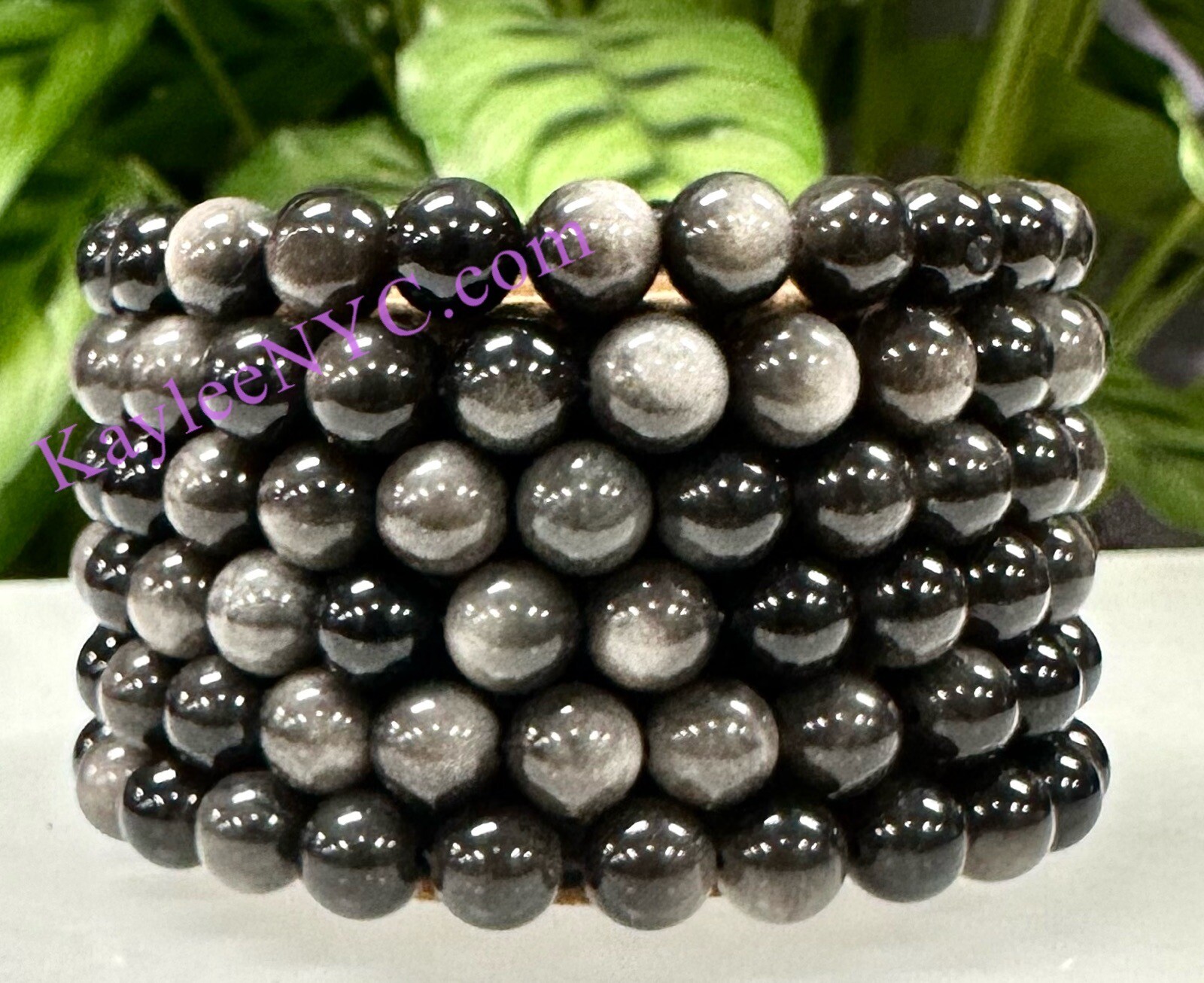 Wholesale Lot 6 Pcs Silver Sheen Obsidian 8mm 7.5” Stretch Bracelet