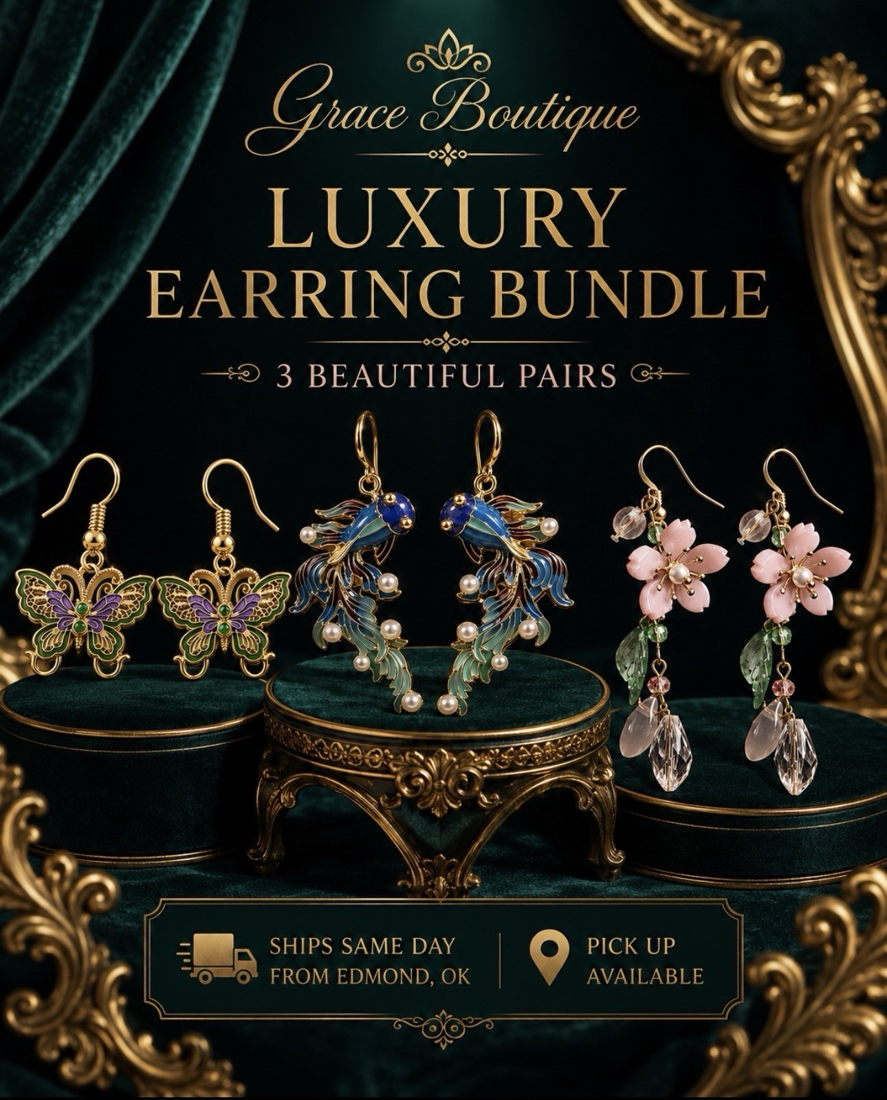 Grace Boutique 3 Pair Multicolor Enamel Butterfly Flower Dangle Hook Earrings
