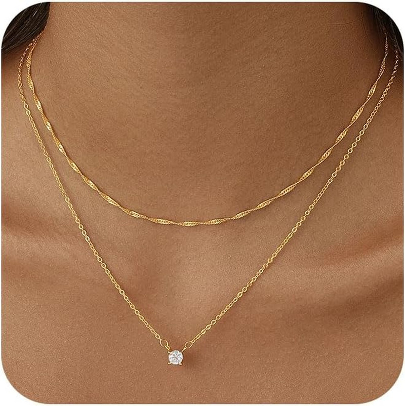 Layered Gold Necklace for Women Trendy 14K Gold Plated Heart CZ Pendant Layered