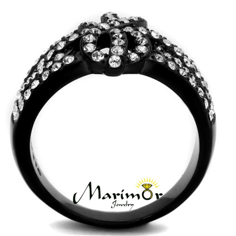 Stainless Steel Black Ion Plated Bow Design Crystal Fashion Ring Women’s Sz 5-10