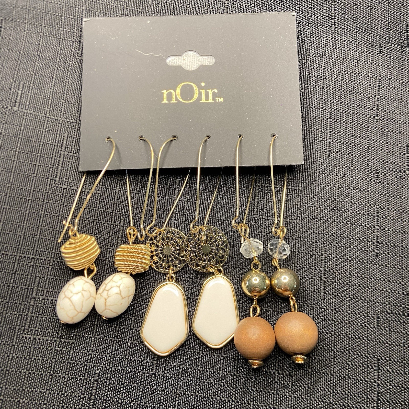 nOir Gold Tone Beaded Dangle/Drop Hook Earrings Lot 3 Pairs White Brown