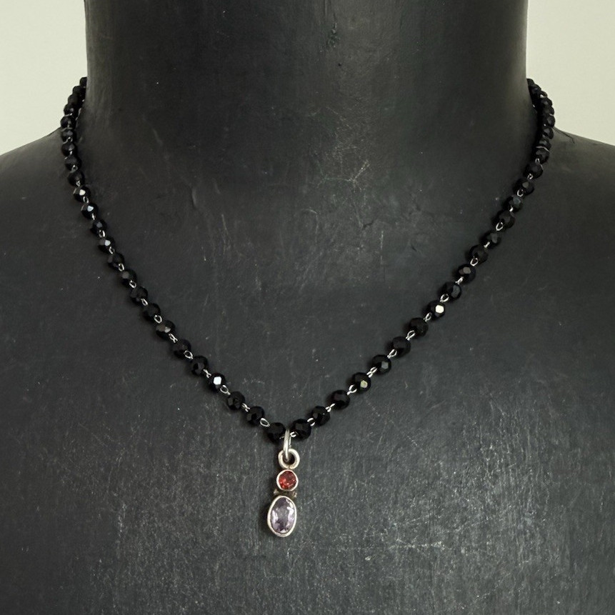 Obsidian choker necklace w/ amethyst garnet silver petite pendant layering boho
