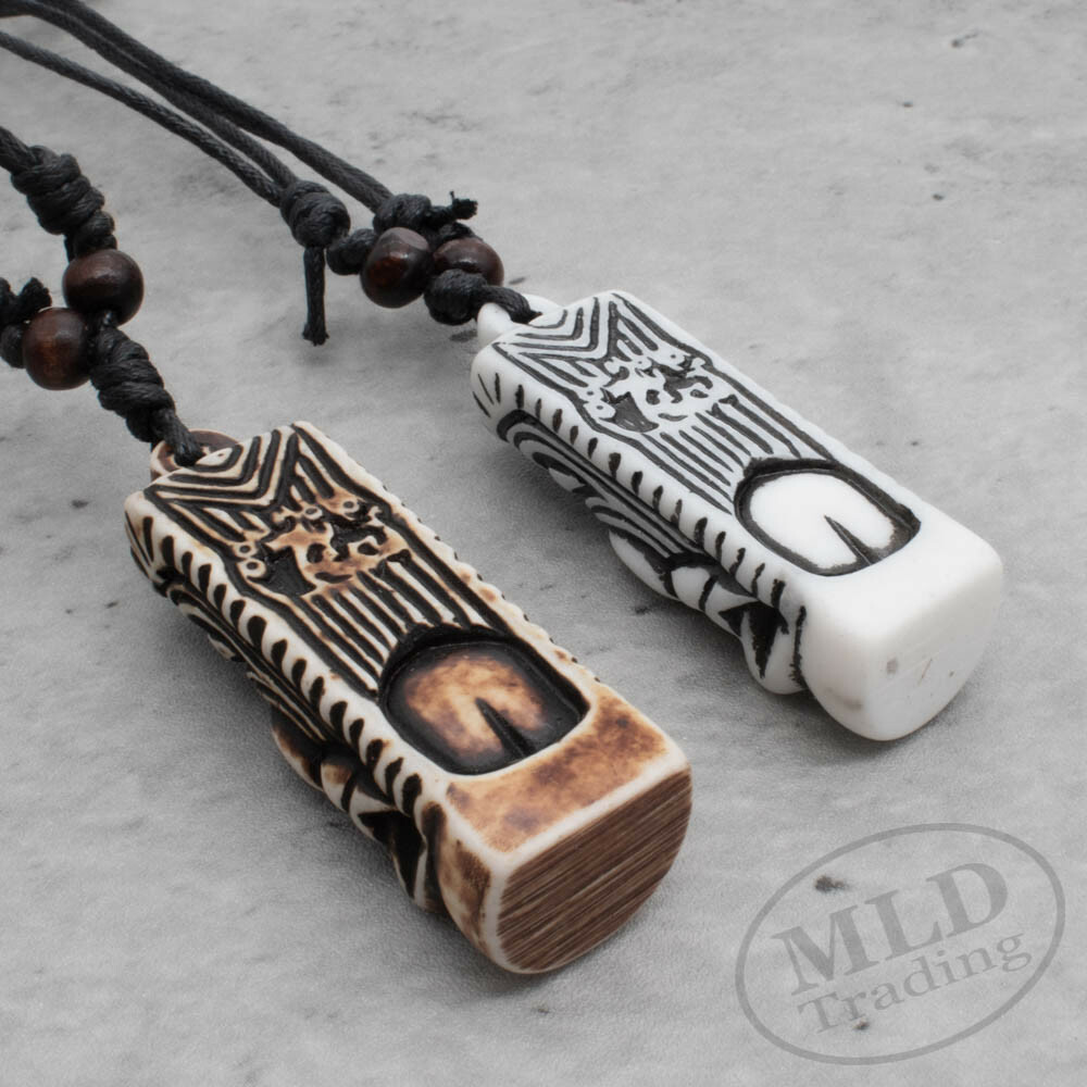 Hawaiian Style TV Show Surfer Tiki Pendant Bone Necklace – 2 Colors Brown White