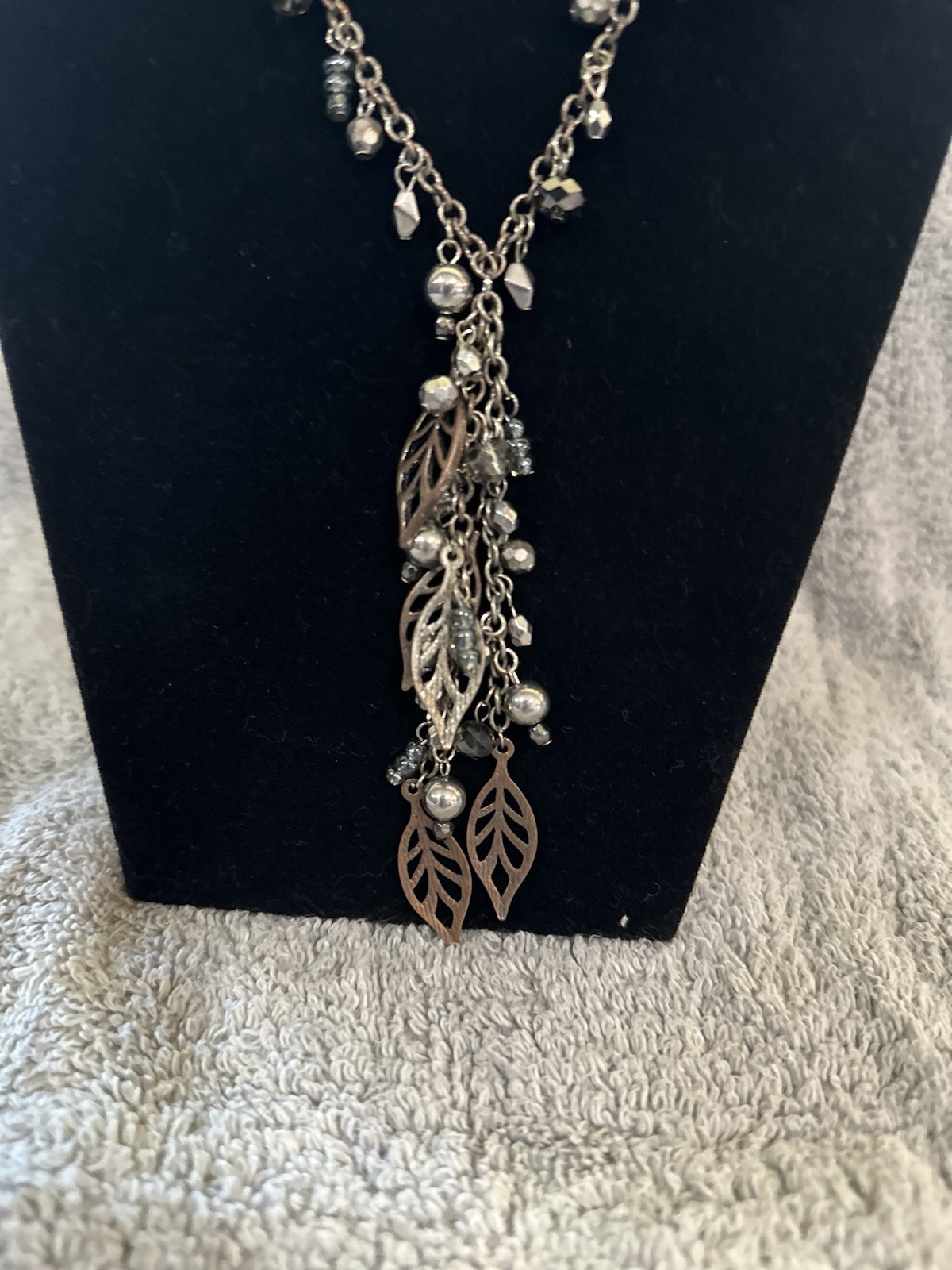 Necklace Silver Chain With Silver Balls And Beads And Copper Leaves 30 Inches