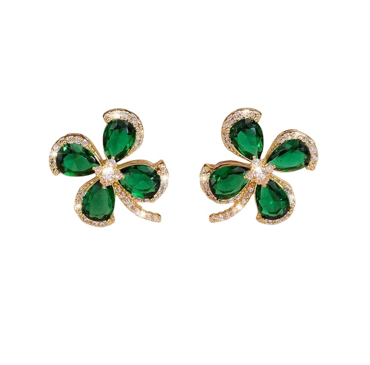 Four Leaf Clover Lucky Green Earrings with Clear Crystal Accents Gold Tone