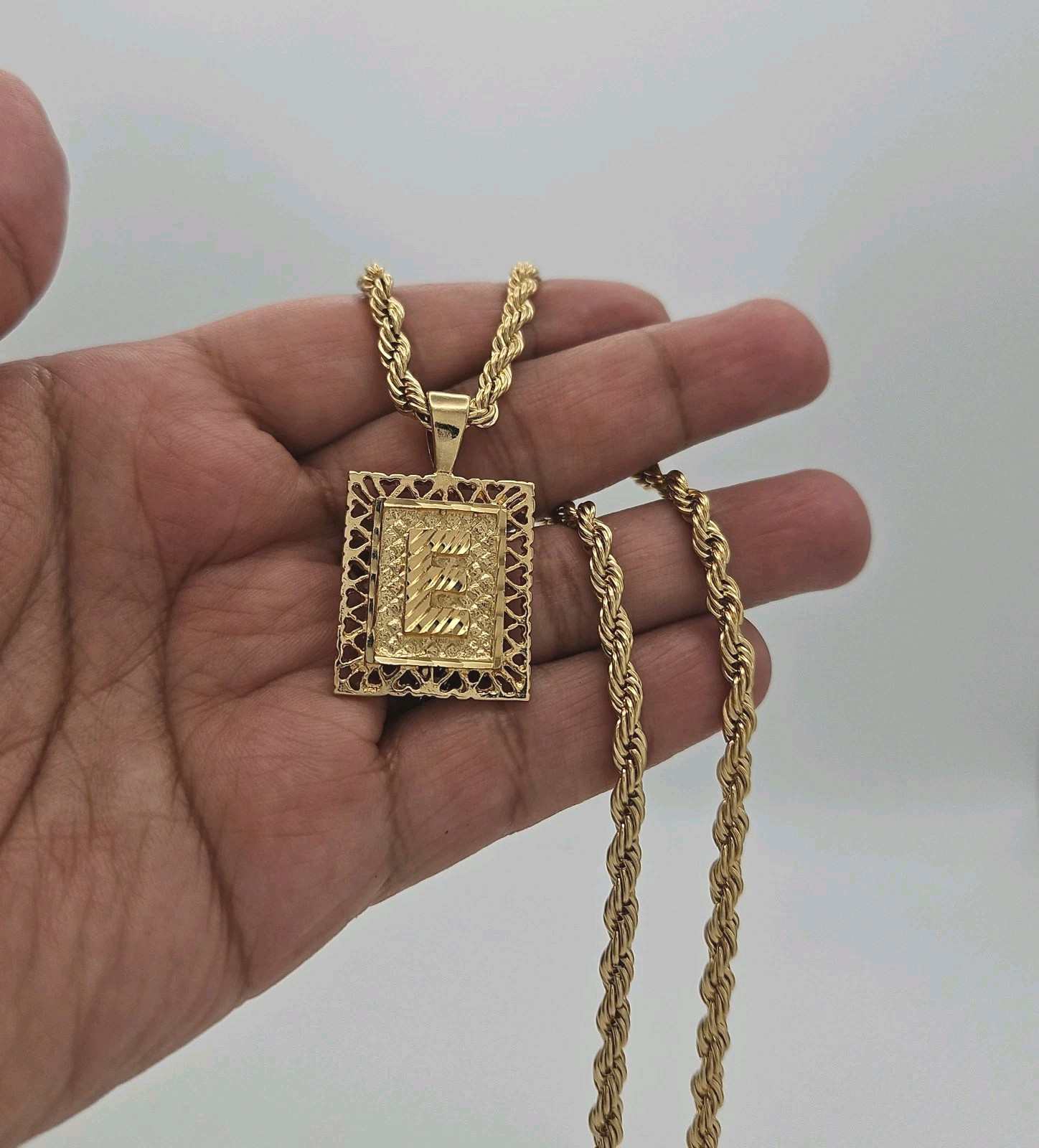 Gold Square Initial Necklace, 3mm Rope Chain, 14k Heavy Plated