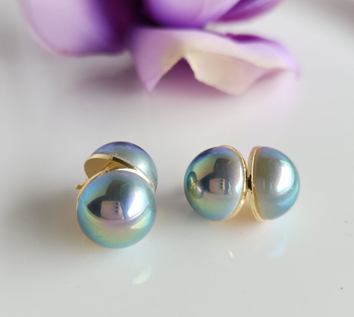 Double Sea Shell Blue Grey MABE 14mm Pearl HOOP Stud Earrings 14K Gold Plated