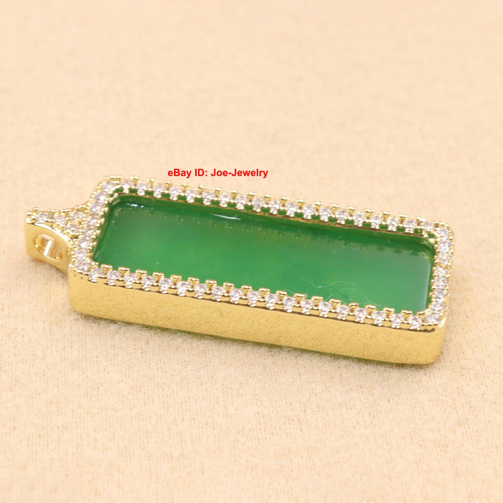 NEW Yellow GP Alloy Pendant Heated Green Jade Rectangle- Lucky Amulet Pendant