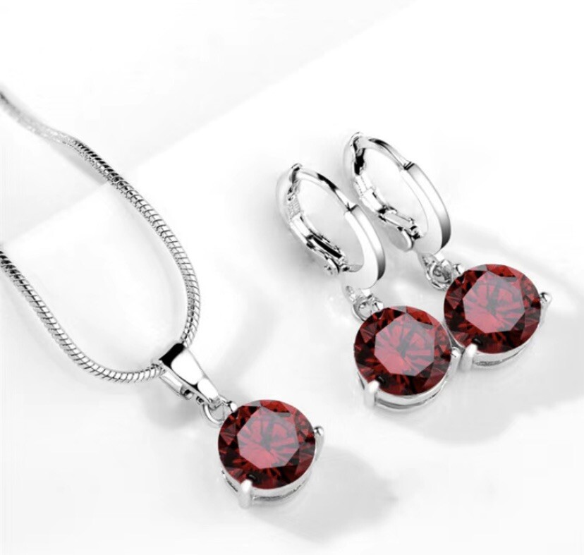 Silver Plated Birthstone Earrings and Pendant Set – January Garnet