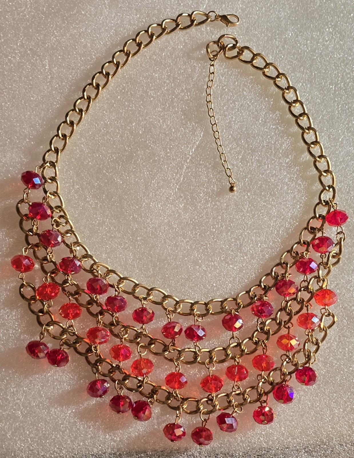 Fashion Red Aurora Borealis Glass Beads Beaded Chain Bib Statement Necklace