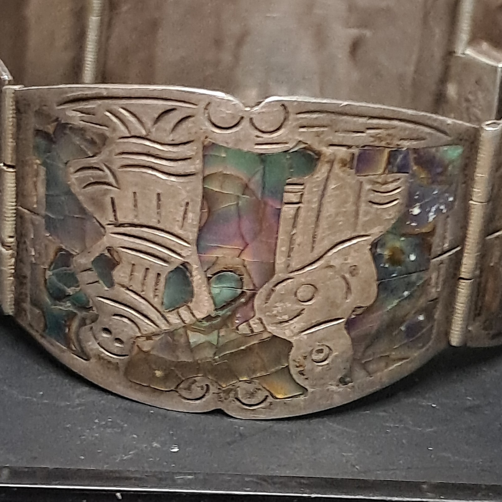 Vtg Mid Century Mexican Sterling Silver Abalone Storyteller Cuff Bracelet 925