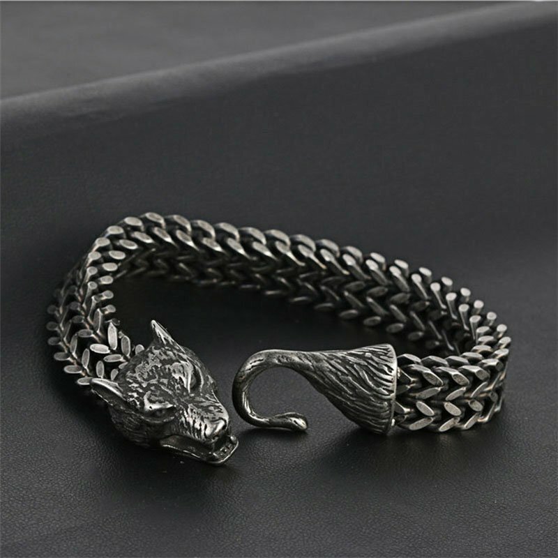 MENDEL 8 Inch Mens Black Stainless Steel Viking Fenrir Wolf Head Bracelet Men