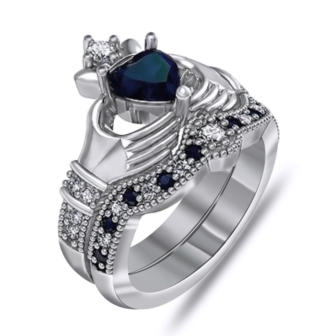 2 2/5 Ct Simulated Diamond Heart Shape Claddagh Bridal Ring Set Solid Sterling