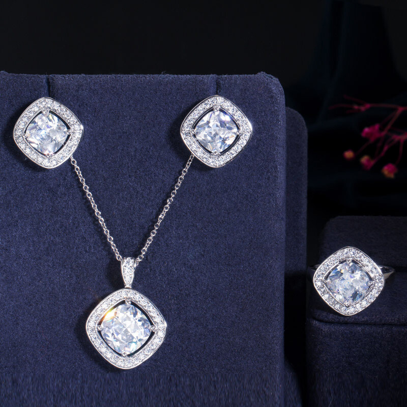 Indian Gold Square AAA+ Cubic Zirconia Necklace Earring Ring Daliy Jewelry Sets