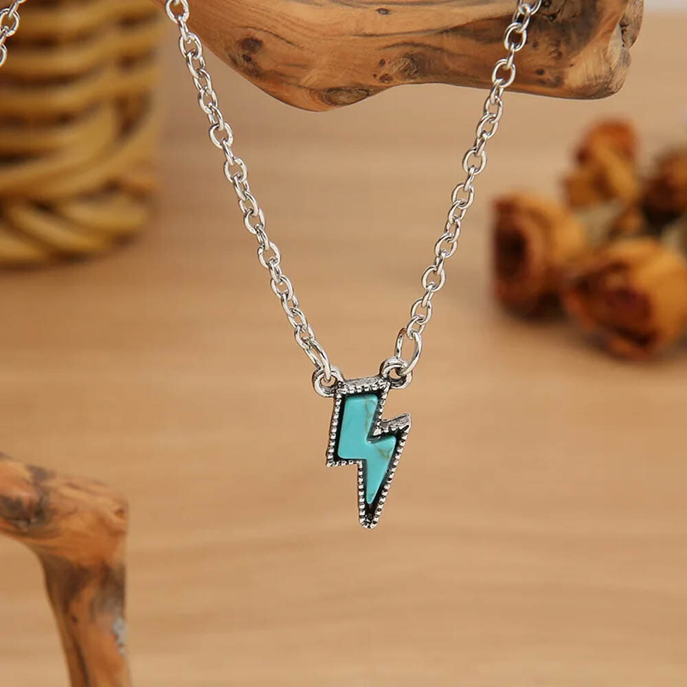 Turquoise Lightning Bolt Pendant Necklace – 19″ Oval Link Chain, Silver Tone