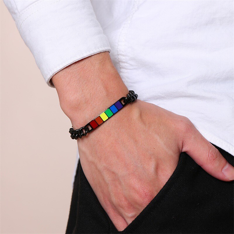 Black Stainless Steel Enamel Rainbow Biker Chain Bracelet LGBT Pride 8.7 inch