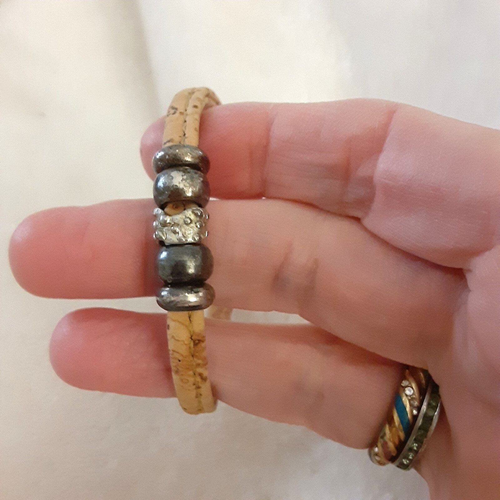7″ Rustic Cork and Pewter-Tone Beaded Bracelet with Magnetic Clasp