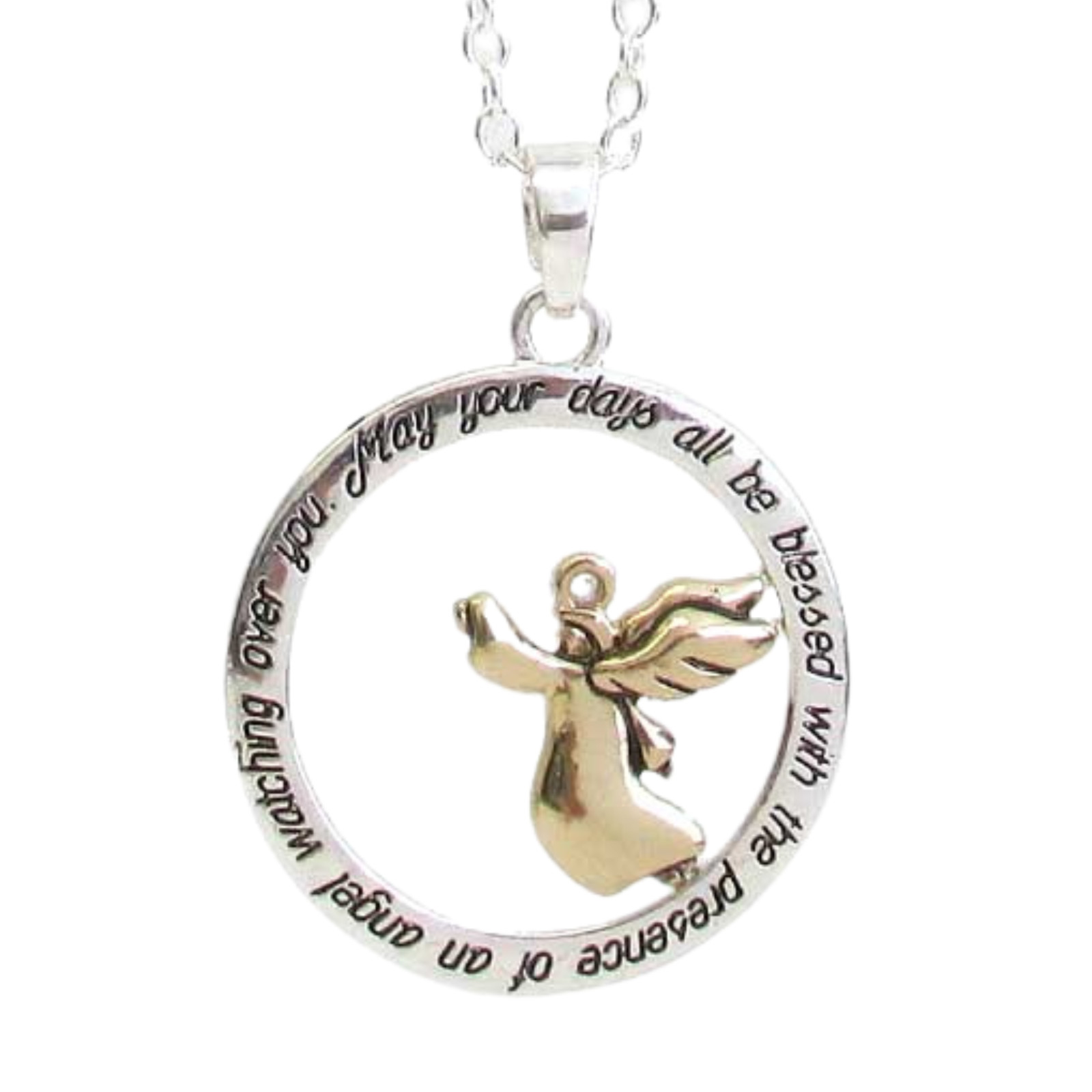 Angel Blessing Round Pendant Necklace Silver