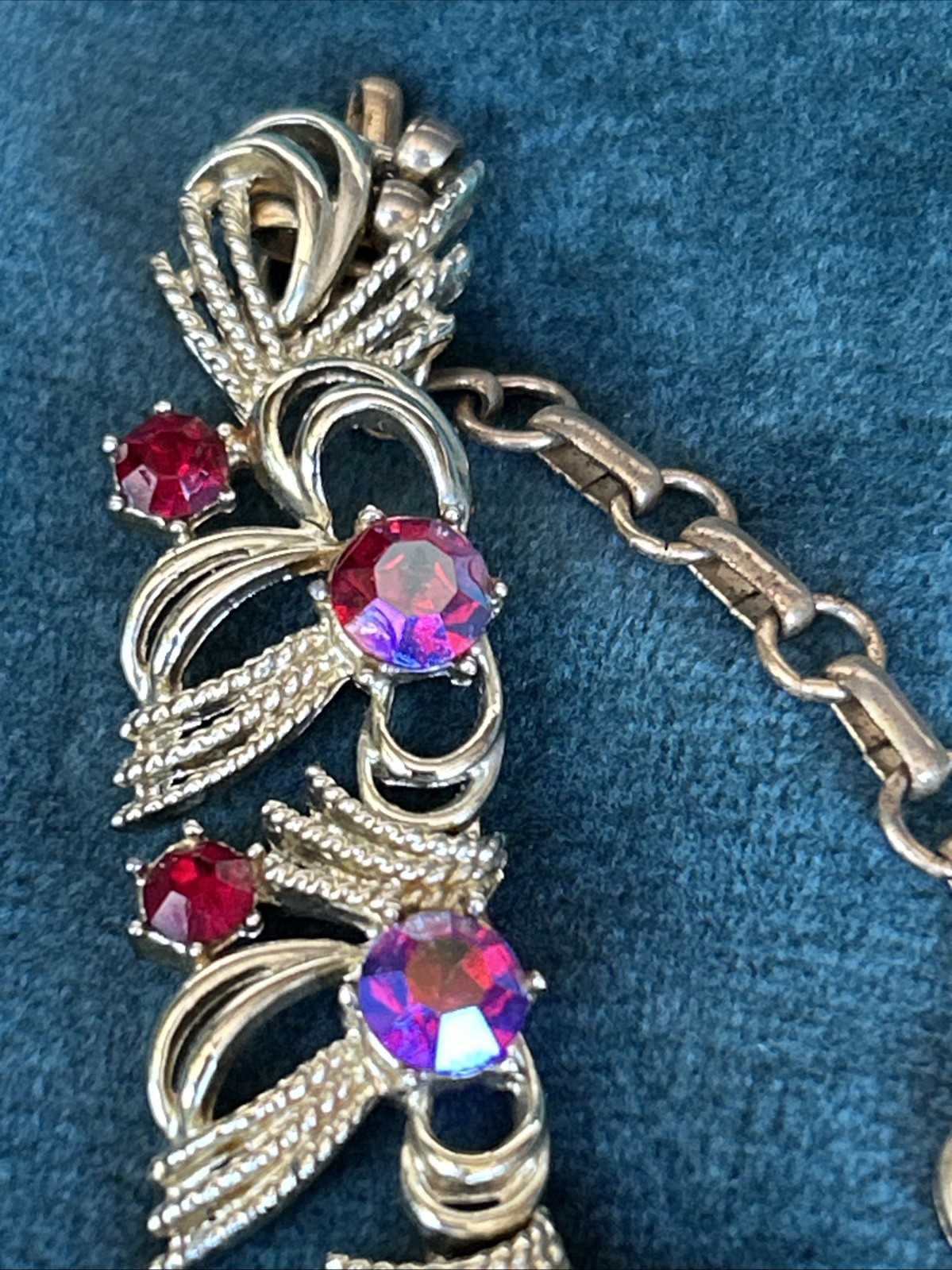 Vtg Coro 3 Piece Set Necklace Bracelet Earrings Red Aurora Borealis Rhinestones