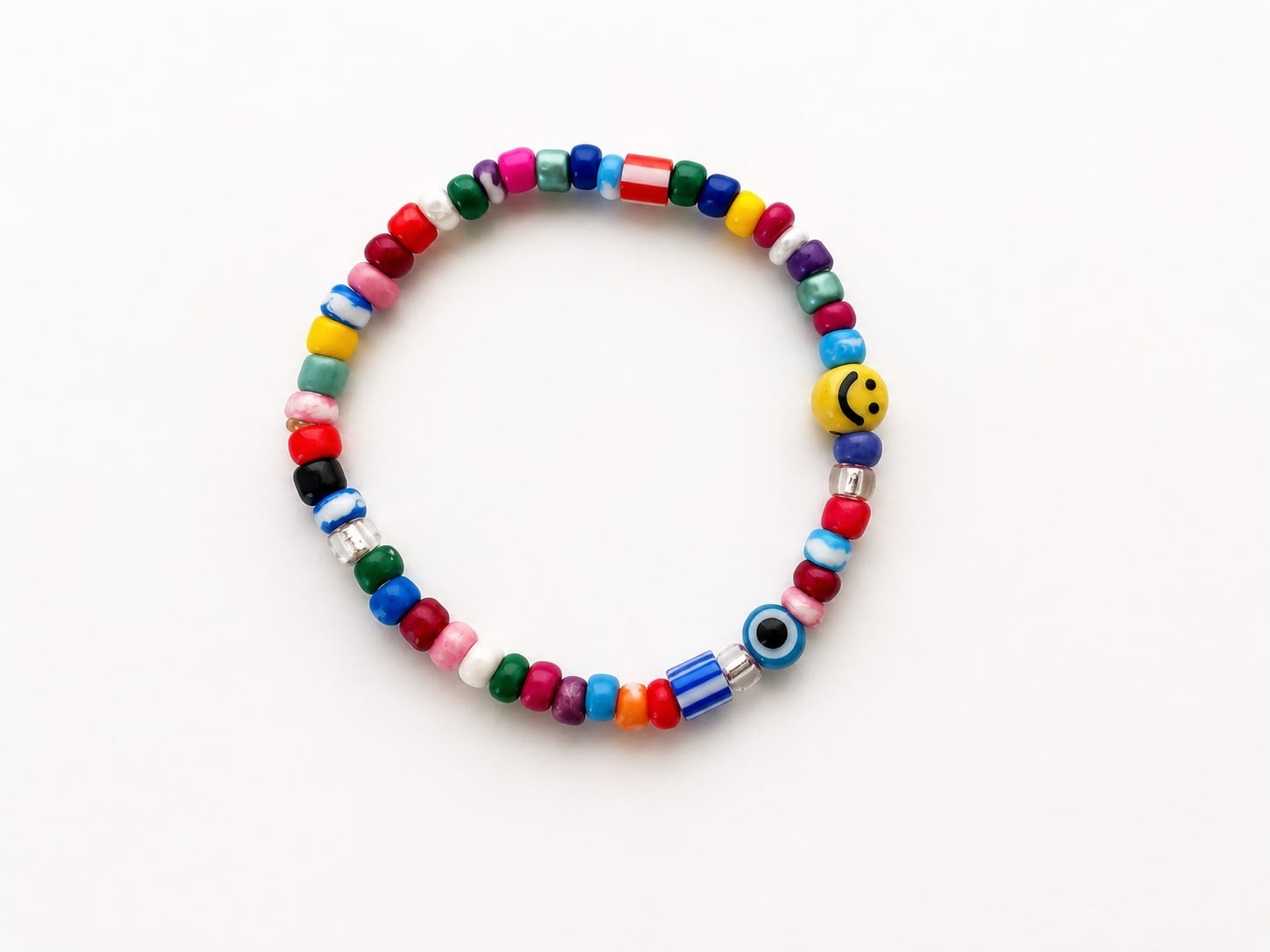 Colorful Beaded Stretch Bracelet Evil Eye Smiley Face Handmade Unisex Gift
