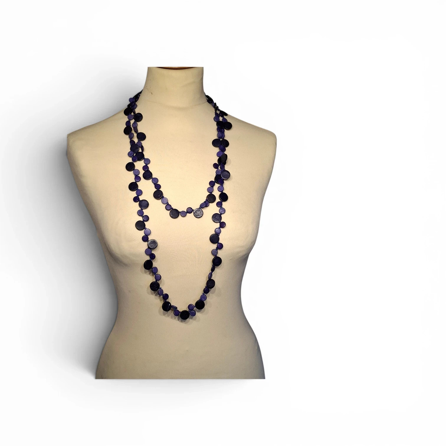 Coconut shell bead necklace long purple handmade fairtrade