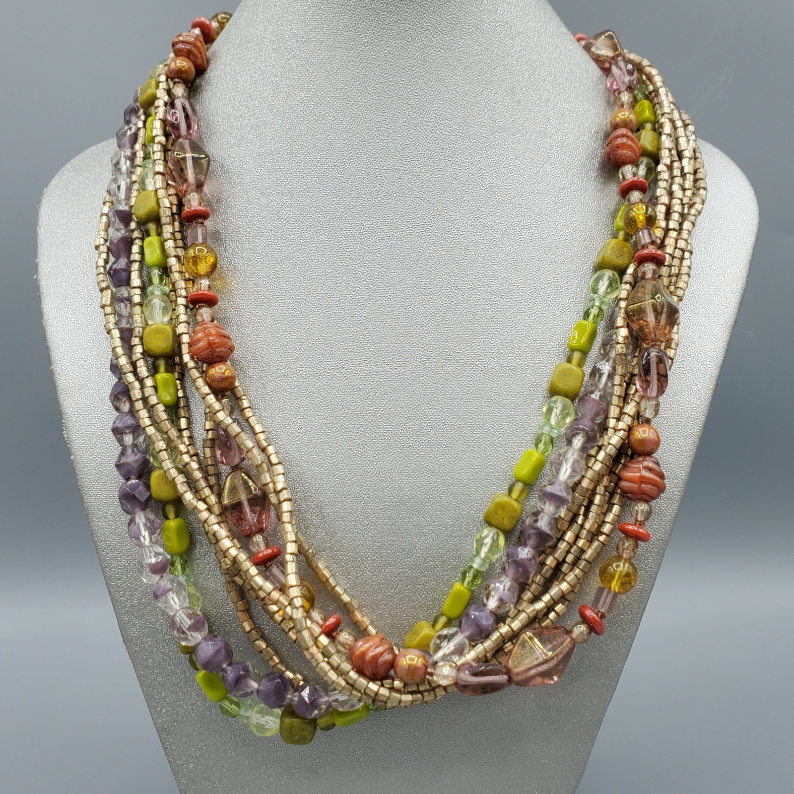 Sage Green, Purple, and Orange Mixed Bead Torsade Necklace 16″
