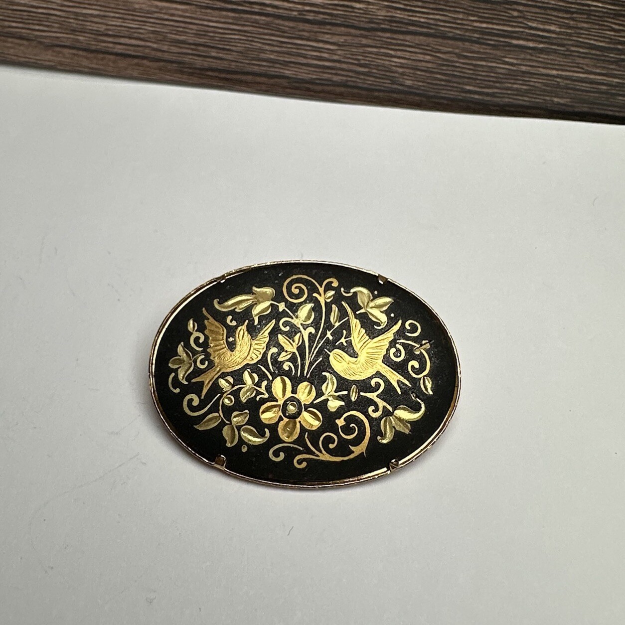 Damascene Style Birds & Flowers Gold Tone Oval Brooch Pin