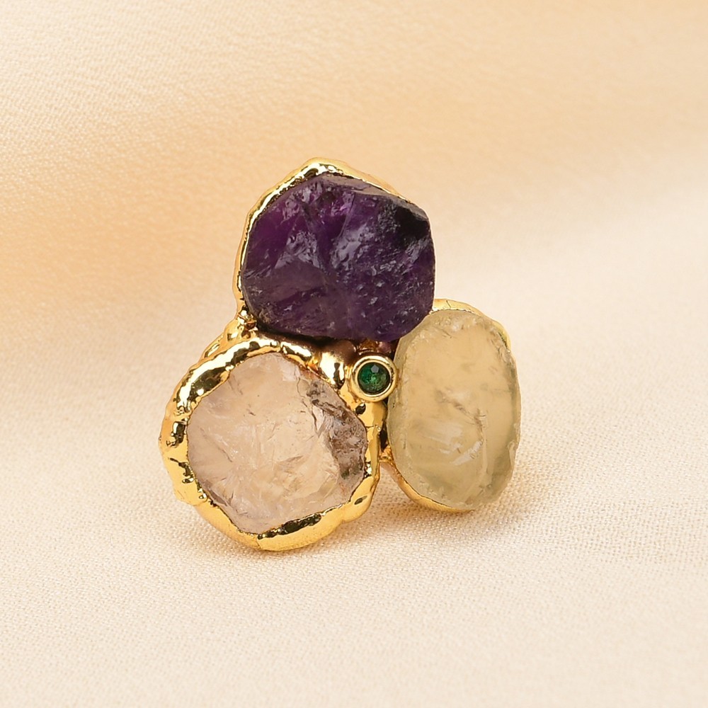 Natural Purple Amethyst Quartz Yelllow Citrine Gold Plated Rings For Women