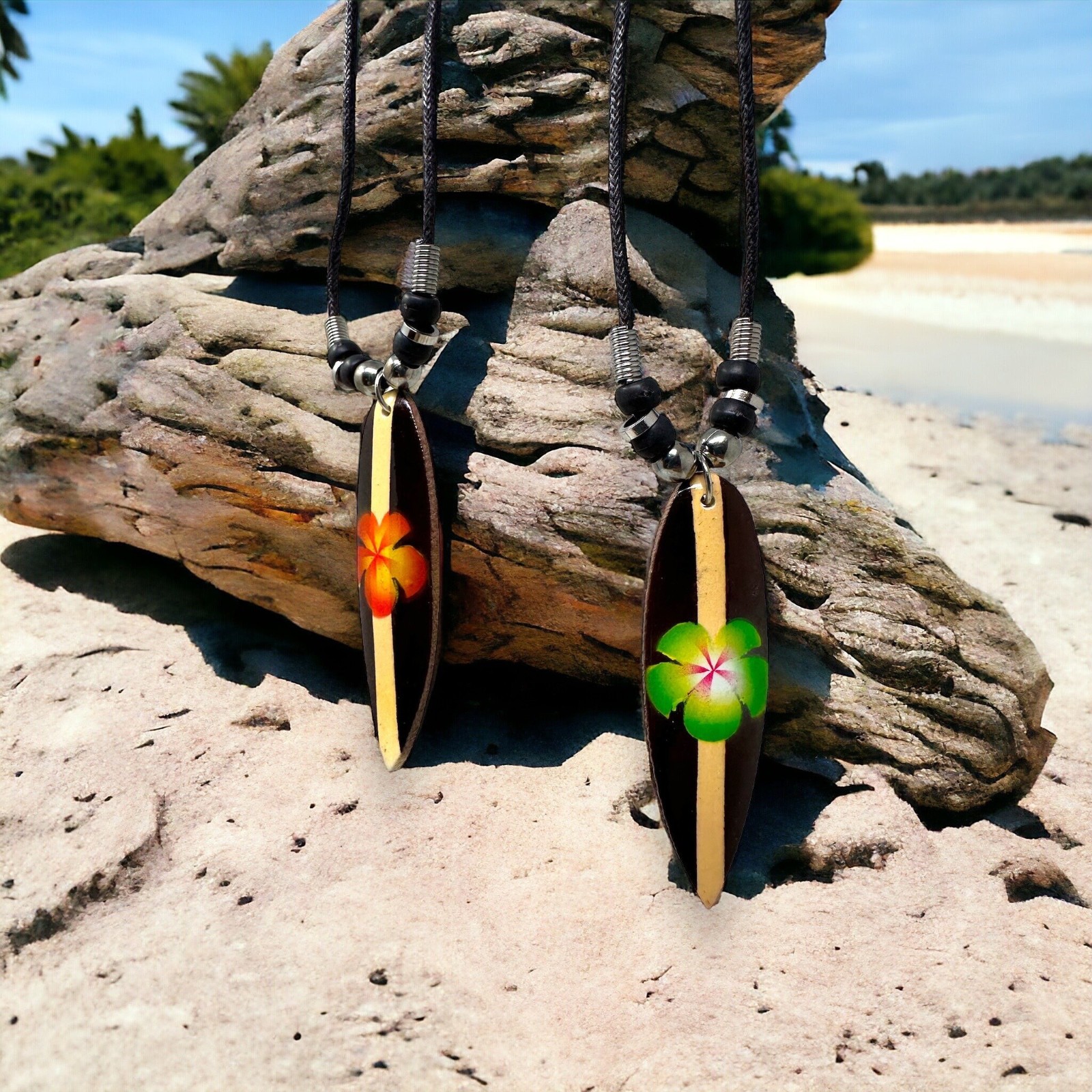 Hand Painted Surfboard Necklace Hawaiian Flower Pendant Wood Beach Unisex