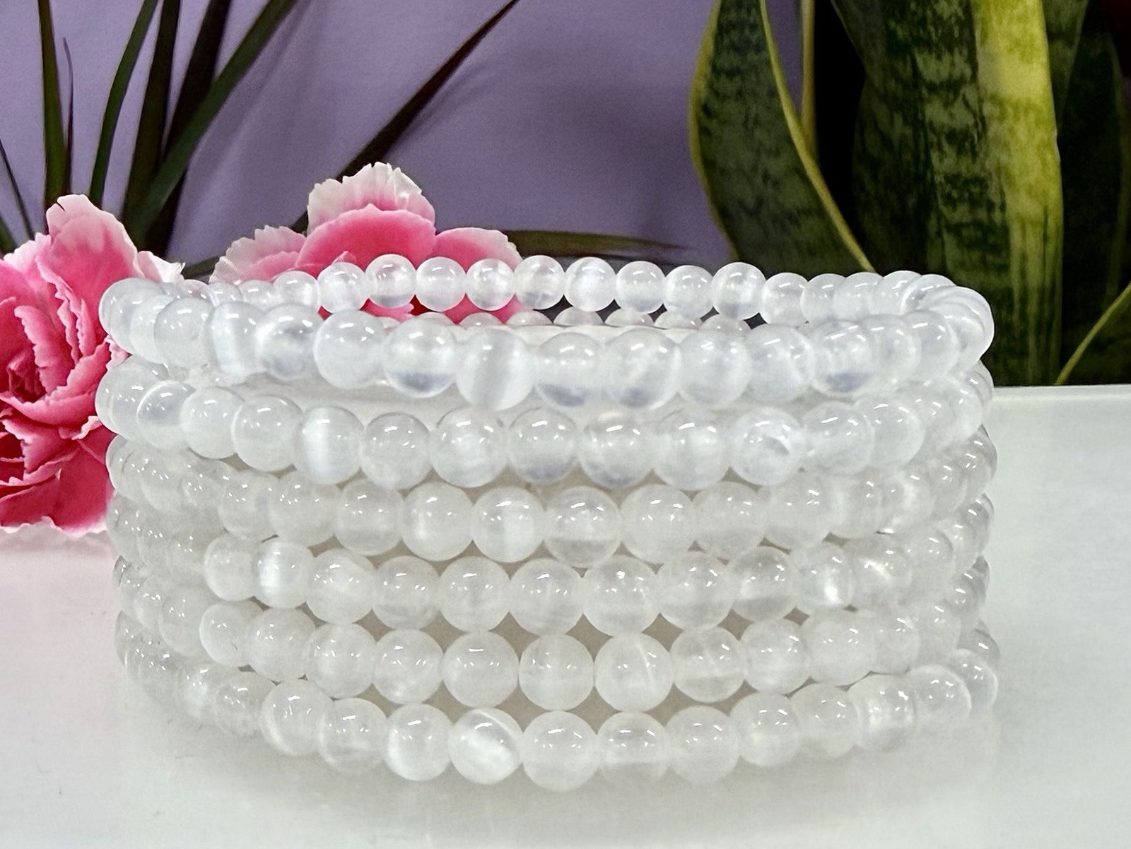 Wholesale 6 Pcs Natural Selenite (Satin Spar) 4mm Crystal Stretch Bracelet 7.5″