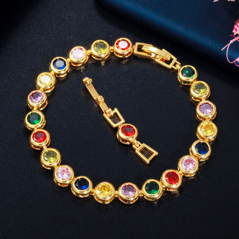 Beauty Round Cubic Zirconia Yellow Gold Plated Multicolor Rainbow Women Bracelet