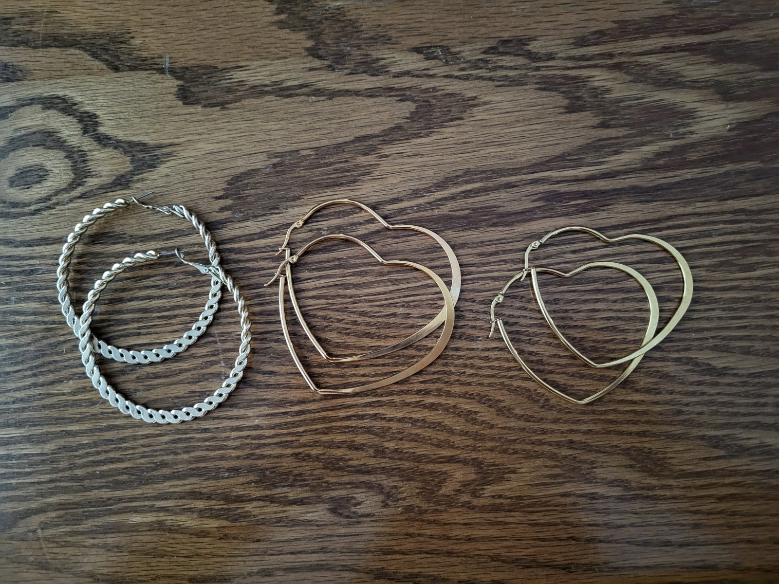 Set Of 3 Large Hoop Earrings, Goldtone, Hearts And Textured Hoop