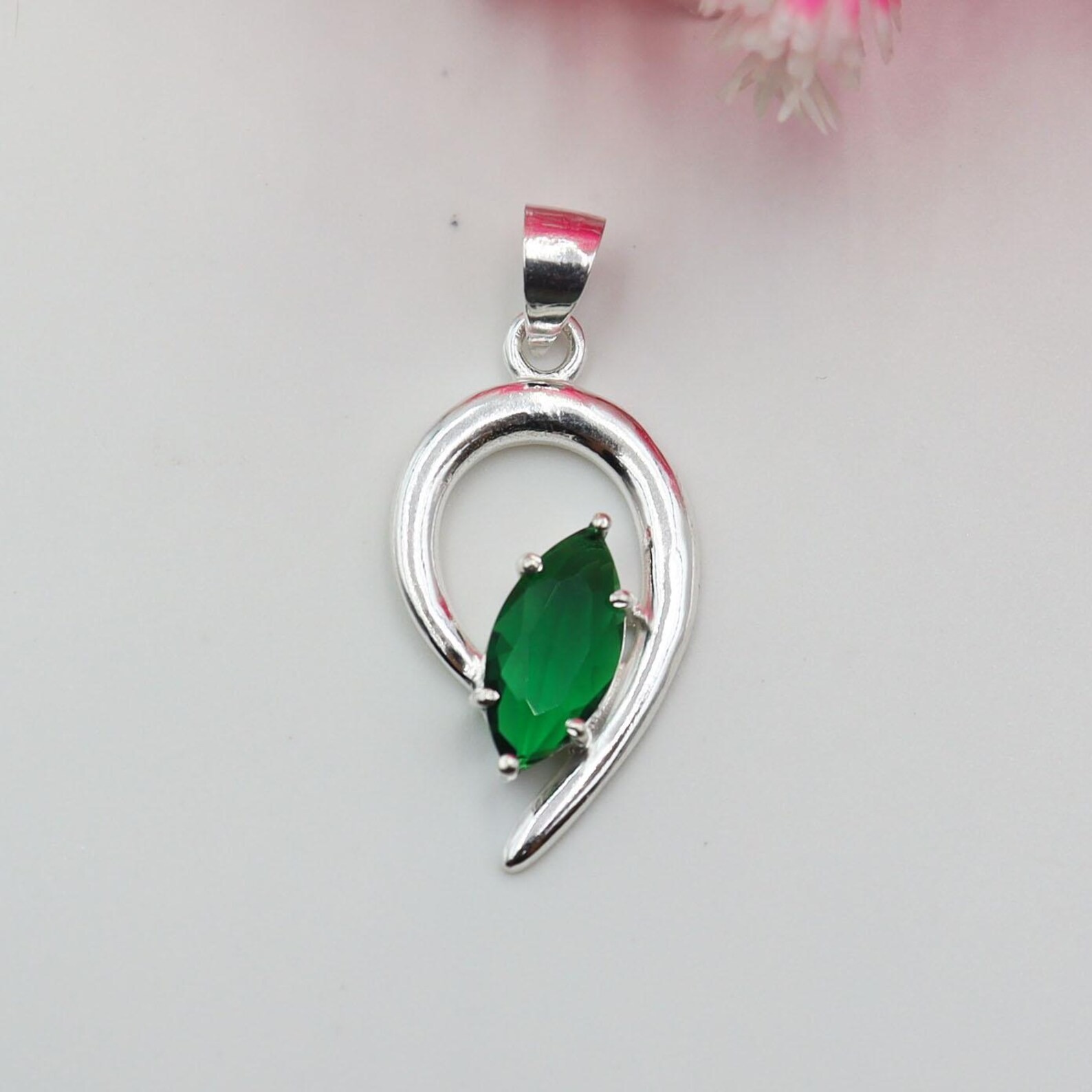925 Green Onyx Sterling Silver Pendant, Marquise Cut, Half Heart Design