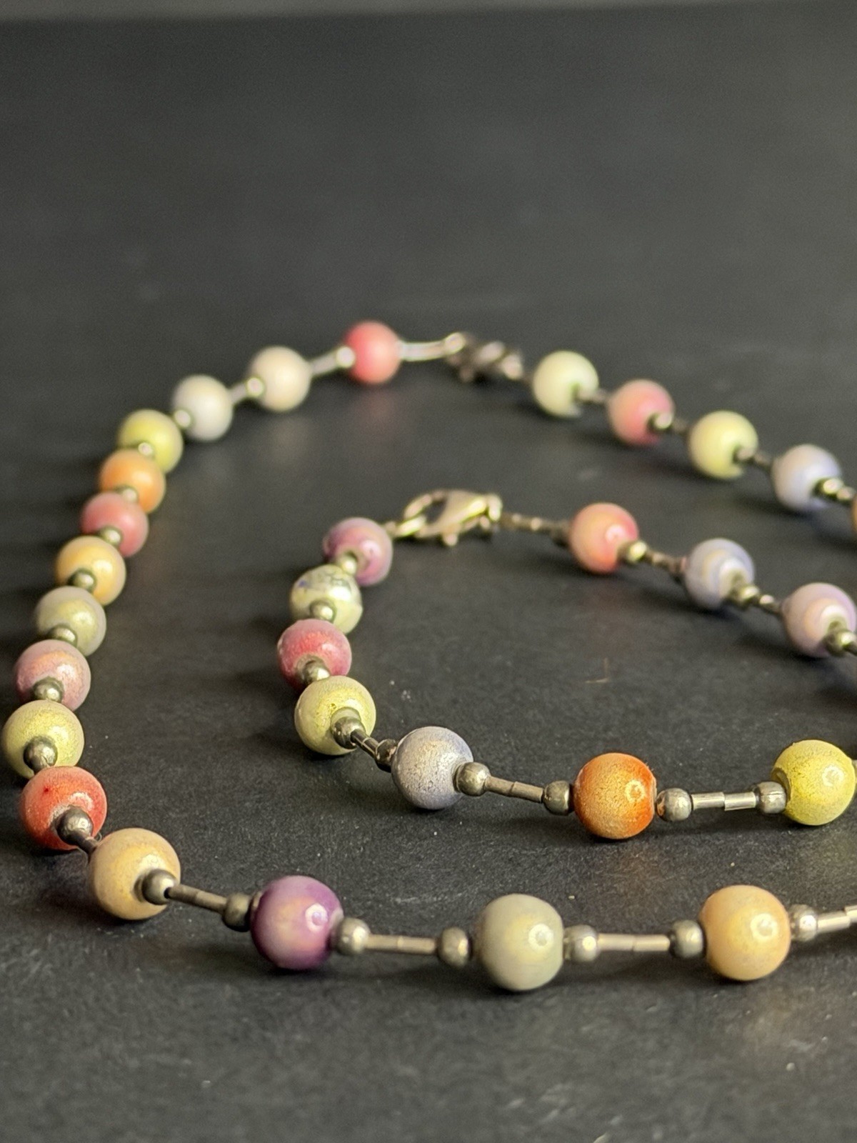 Sterling Silver 925 Multicolor Ceramic Enamel Bead Necklace Bracelet Set 18” 8”