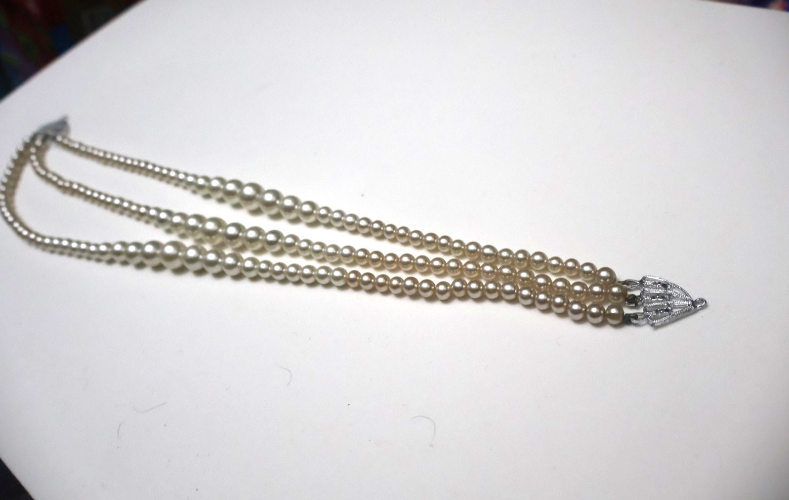 Vintage 3 Strand Graduated Faux Pearl Necklace Silver Tone Filigree Connector