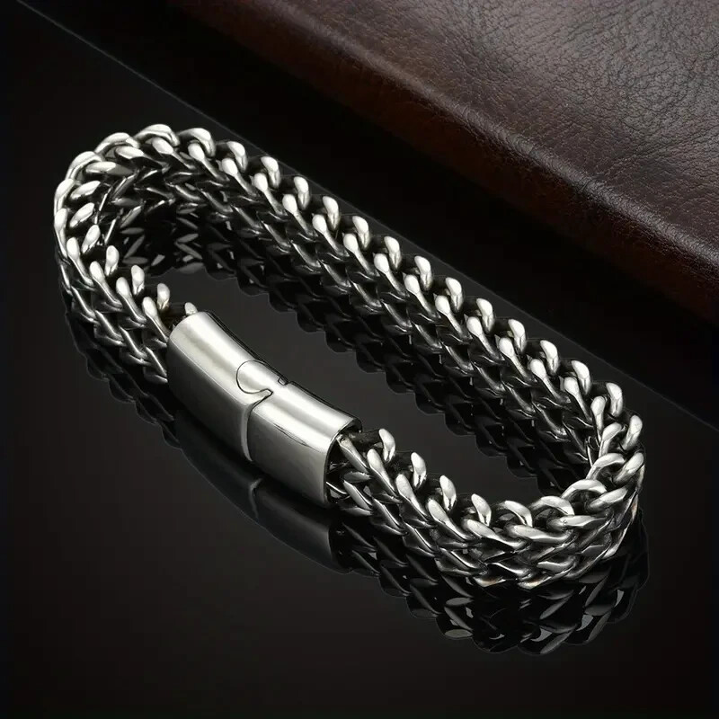 Pulsera trenzada magnética inoxidable hombre, cuadrada, plateada, 9 pulgadas