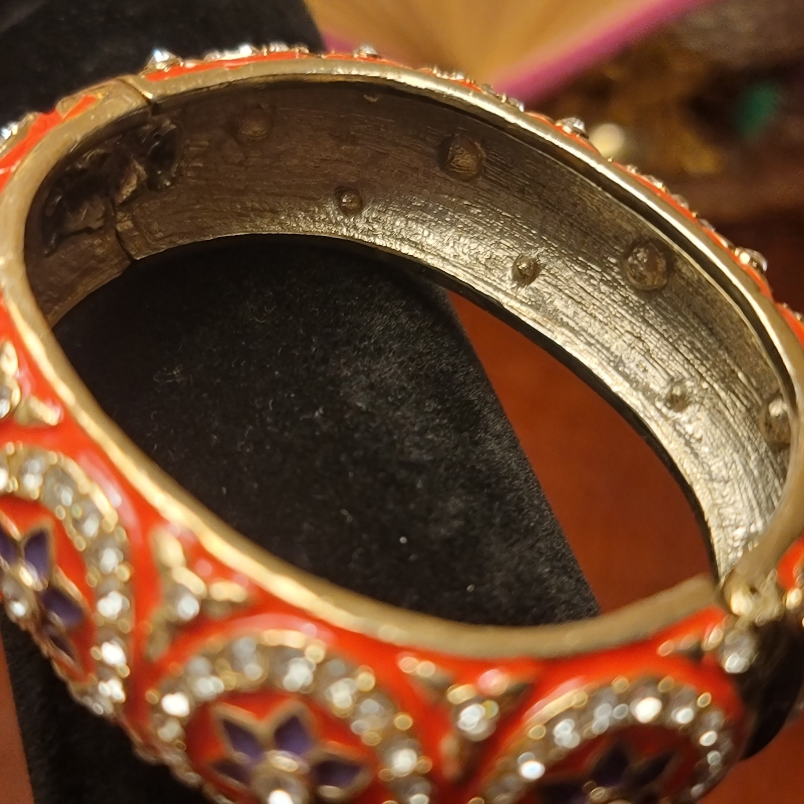 Gold Tone Bangle Bracelet, orange enamel, purple flowers, clear Rhinestones