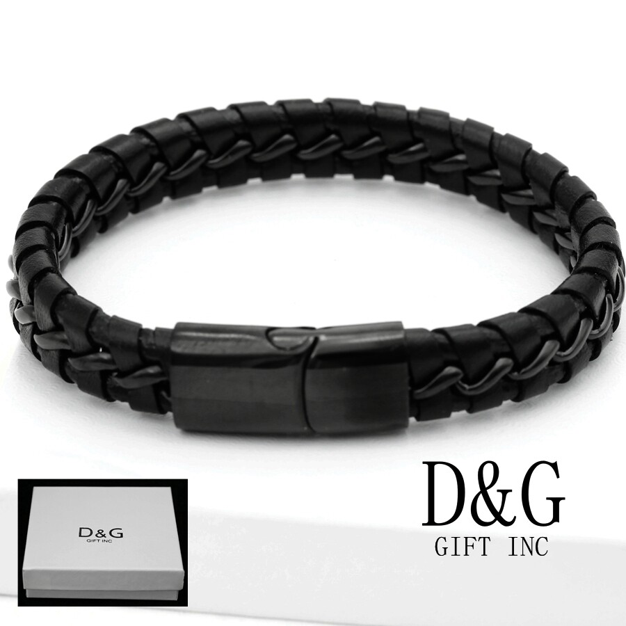 DG Mens 8″Black Braided Leather Magnetic Bracelet Stainless Steel Ion Plated BOX