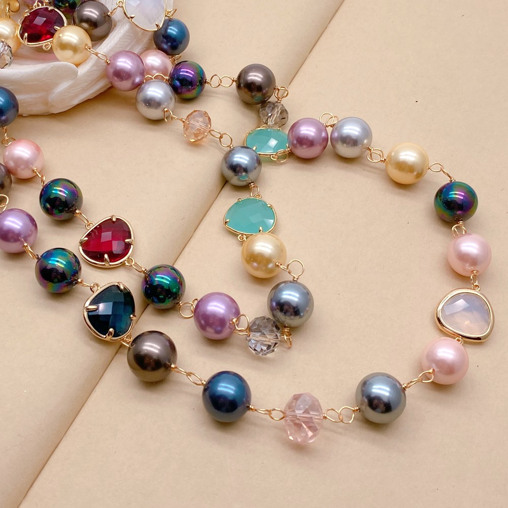 Multi Color Round Sea Shell Pearl Crystal Long Necklace 46″ Fashion Jewelry