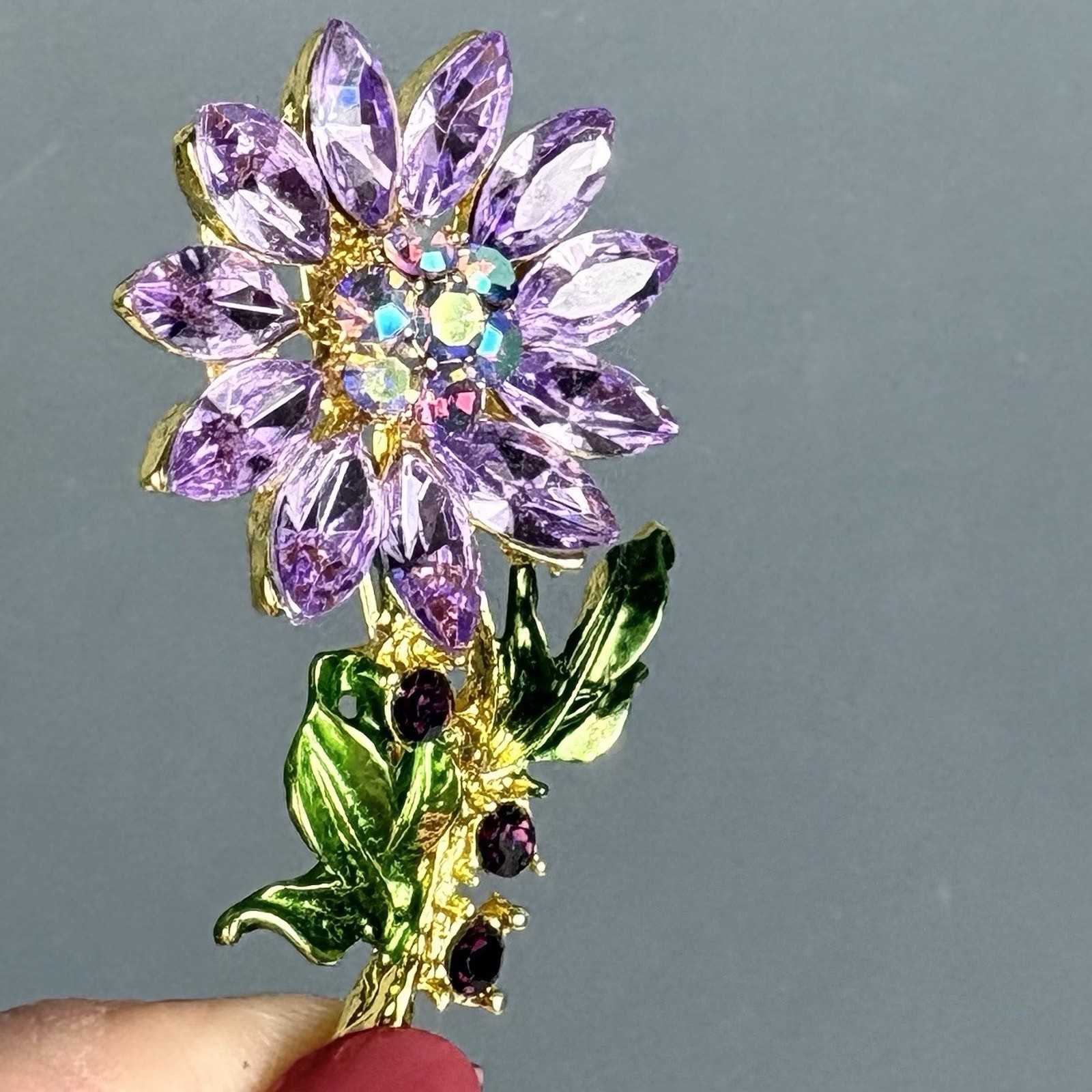 Purple Rhinestone Flower Pin Brooch Green Enamel Leaves Vintage Inspired
