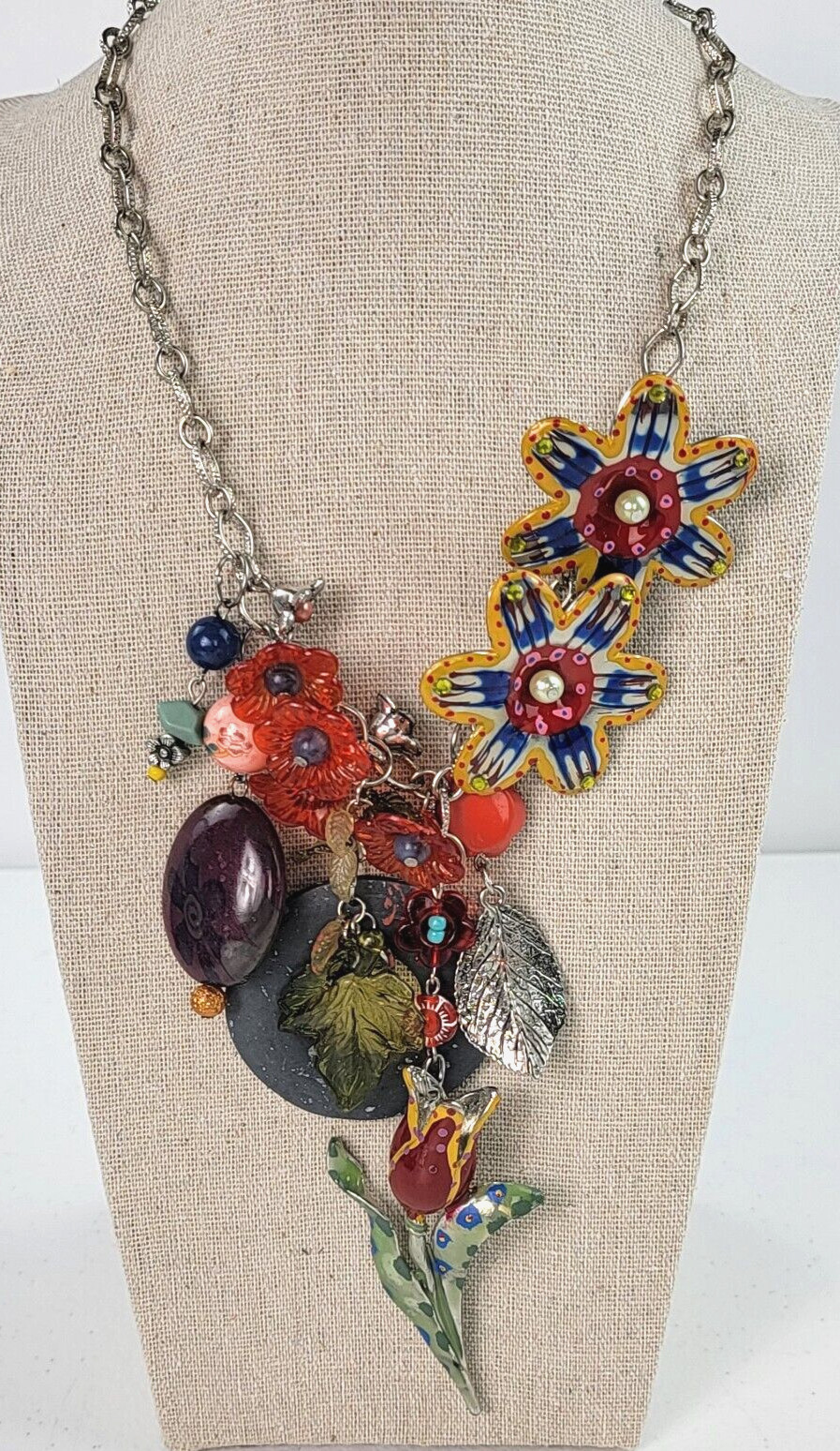 Multicolor Flowers Dangle Charm Necklace 21″ Silver-Tone Mixed-Materials Enamel