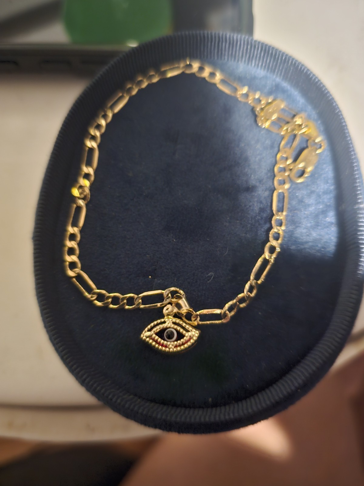 Real 14 K Gold ANKLET 2SIDED Evil Eye Charm 9.5 INCH LONG, Adjustable Lobster