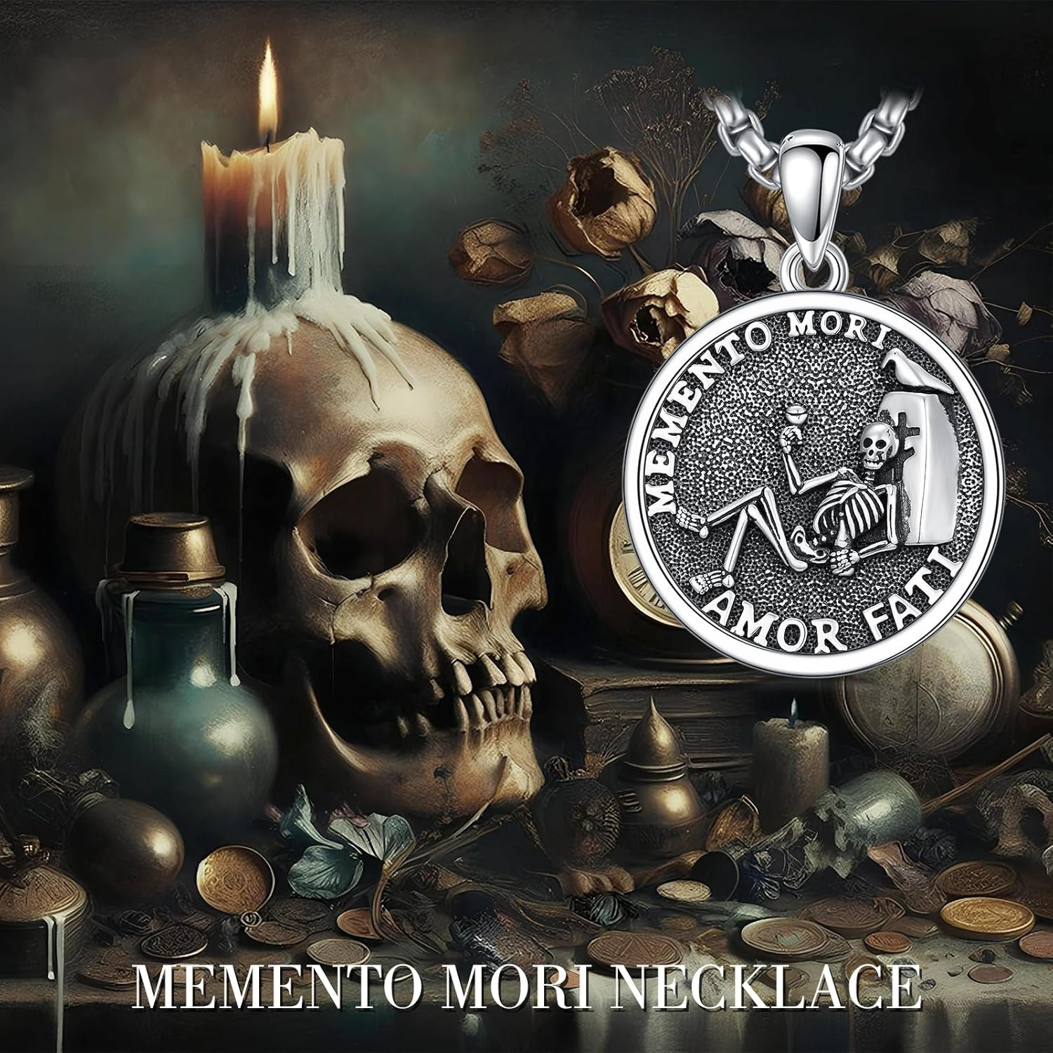 Memento Mori Unus Annus Necklace Sterling Silver Death Skull Hourglass Pendant