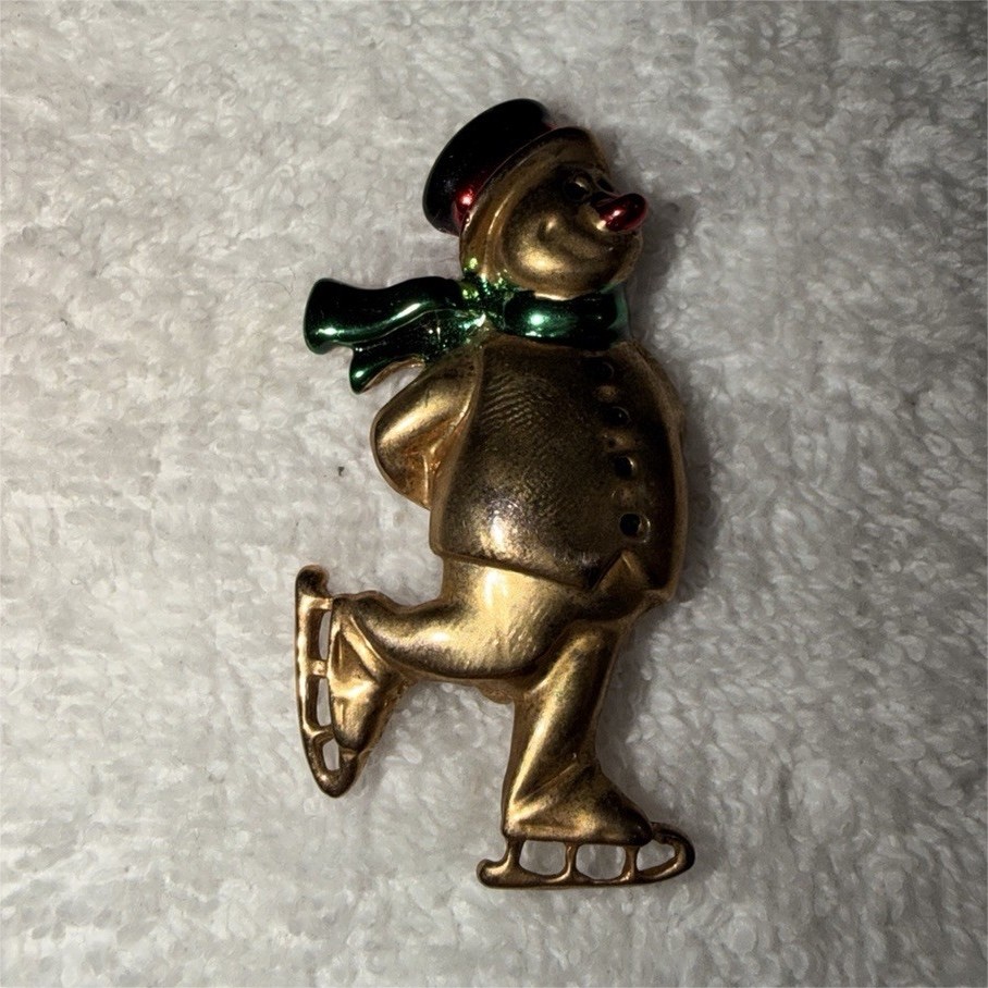 Snowman Ice Skating Brooch Pin Gold Tone Enamel Green Scarf Red Hat Christmas