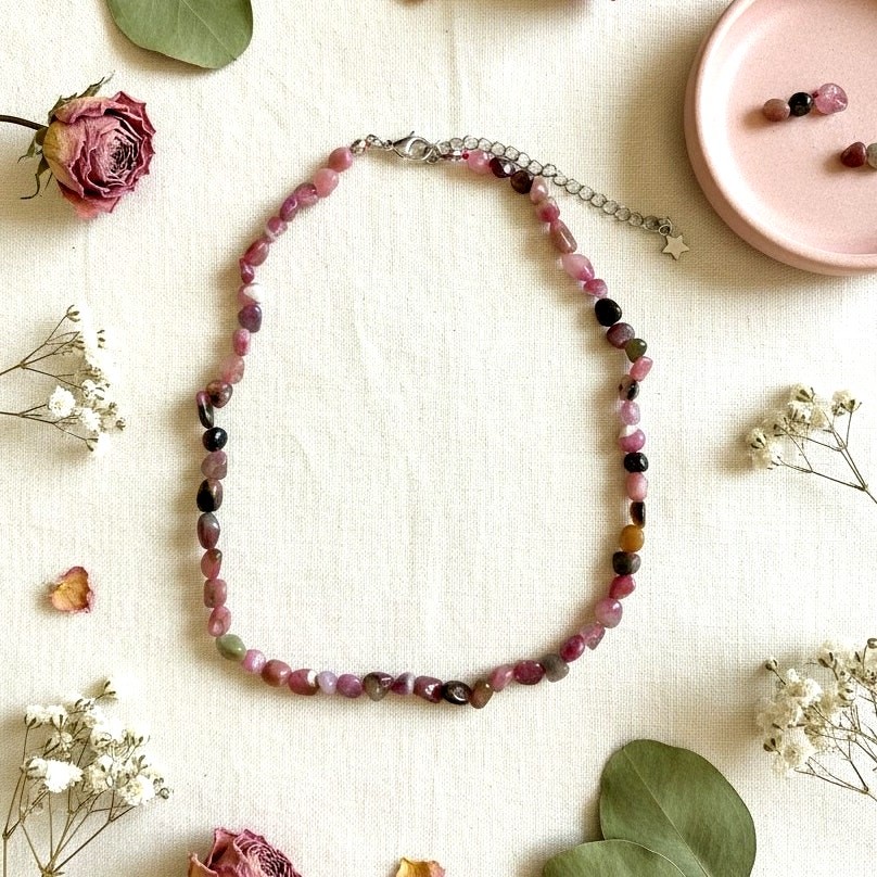 Natural Multi-Color Tourmaline Beaded Necklace Pink Green Gemstone