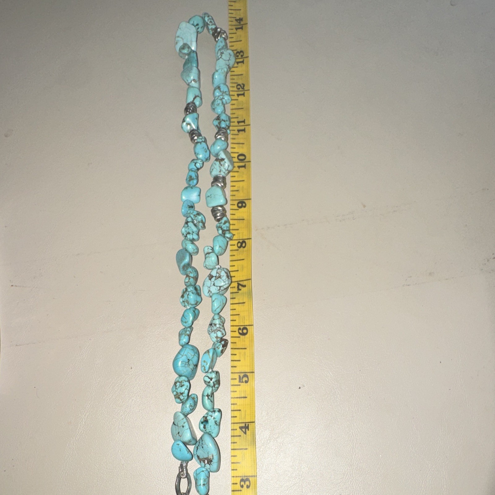 Turquoise Chip Beaded Necklace Silver Tone Link Chain Toggle Clasp 18″