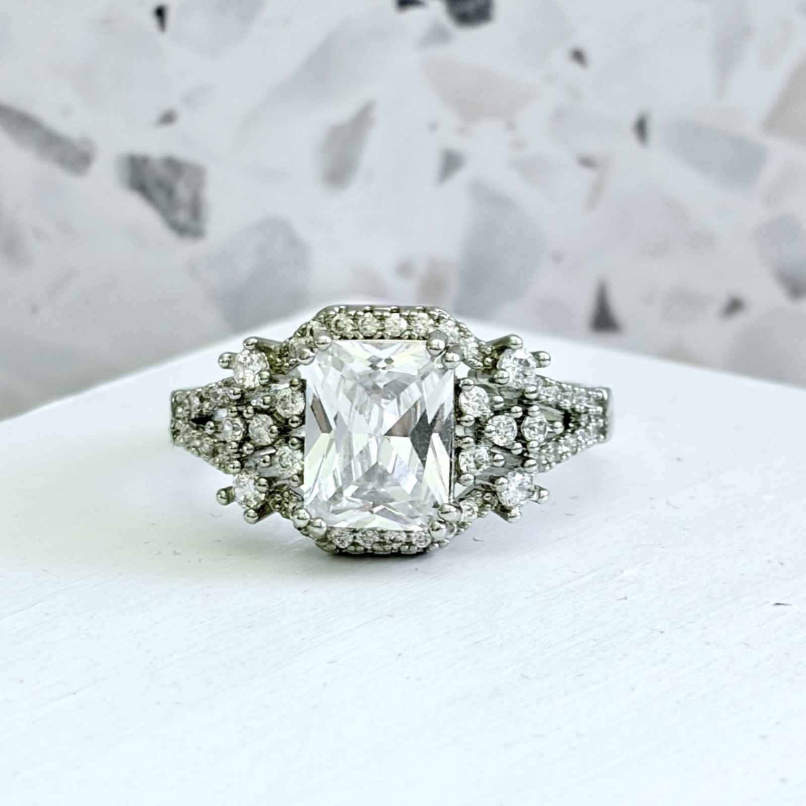 14k White Gold & 925 SS White Simulated Sapphire Radiant Cut Halo Women’s Ring