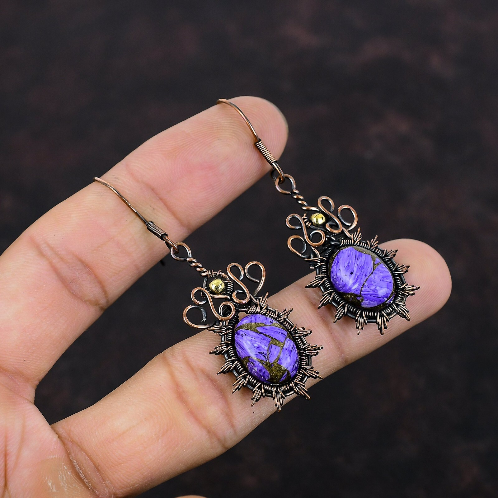 Charoite Wire Wrapped Drop/Dangle Earrings Copper Jewelry For Women 2.36″